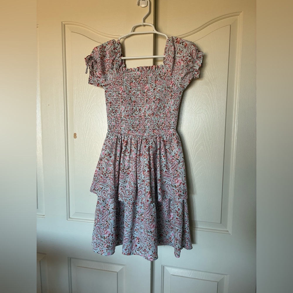 Rare Editions Girls Pink White Floral Smocked Dress Midi Short Sleeve Size 14 L